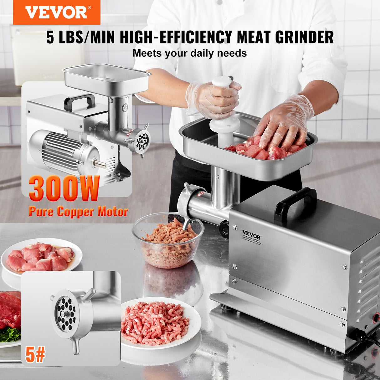 Front view of the compact stainless steel meat grinder and control switch