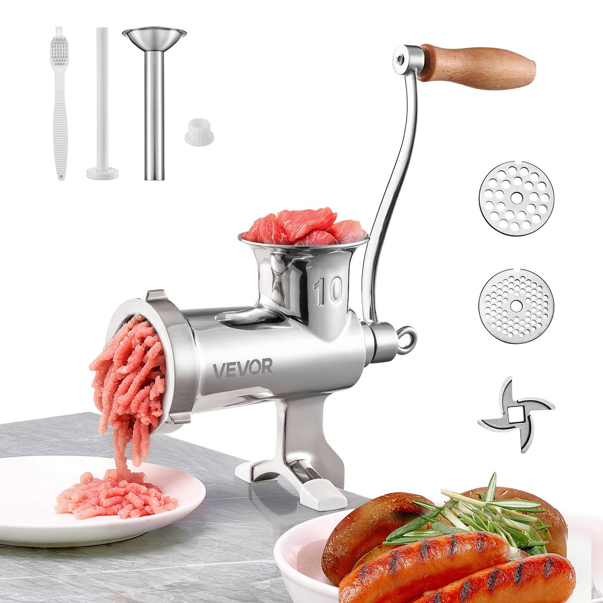 Manual stainless steel meat grinder and sausage filler with adjustable table clamp