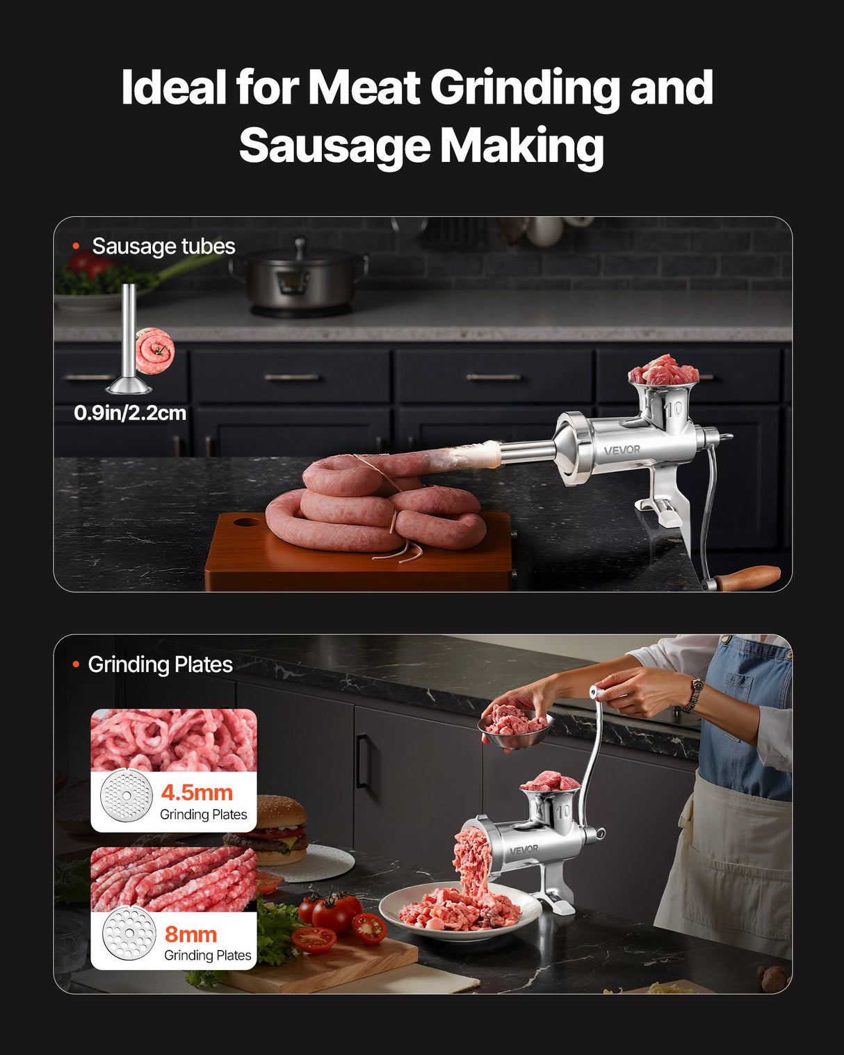 Arc shaped 8.3 cm inlet hopper of the manual meat grinder
