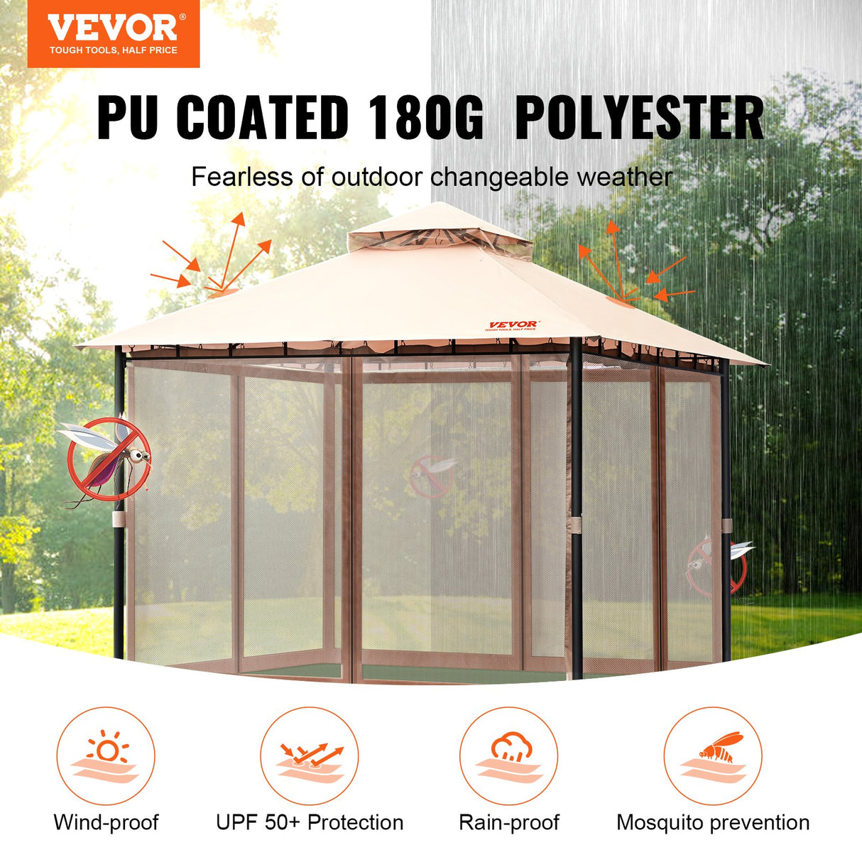 Angled view of the backyard gazebo showing the peaked polyester canopy top