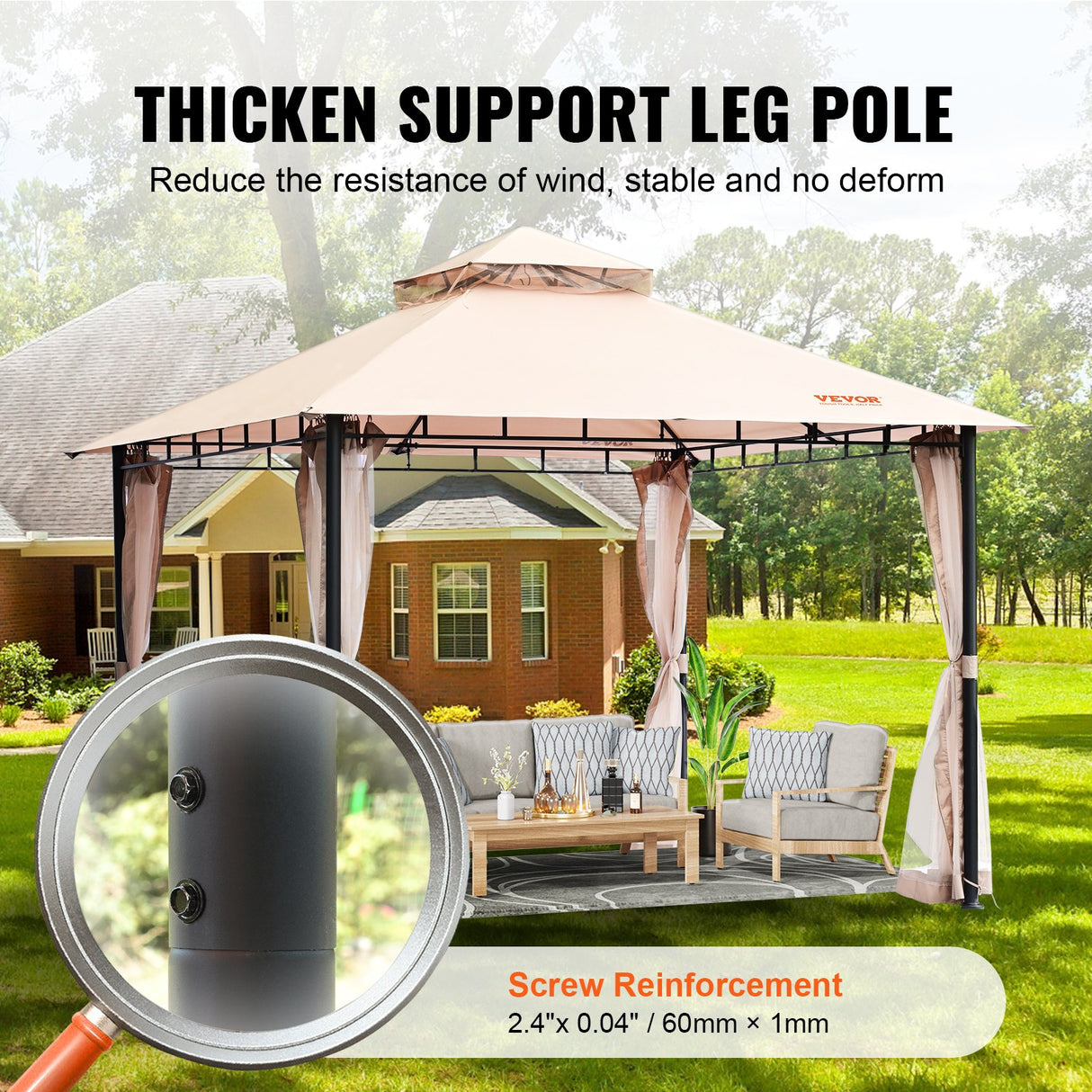 Mesh netting side panel unzipped to show the entrance of the patio gazebo