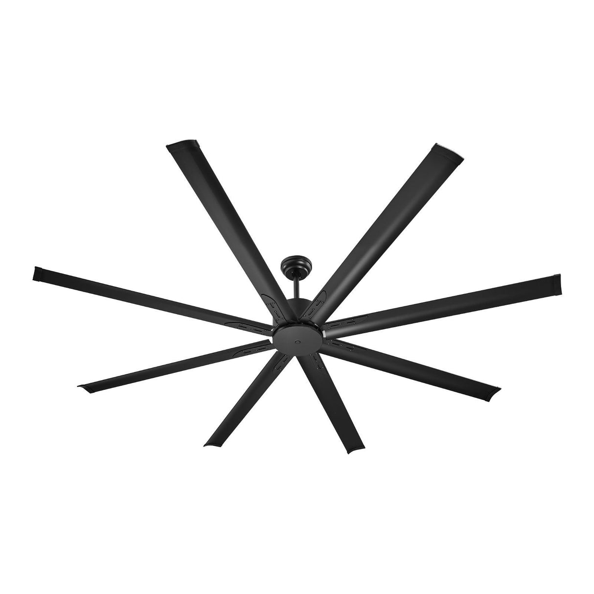 Black 213 cm ceiling fan with eight aluminium blades, viewed from below