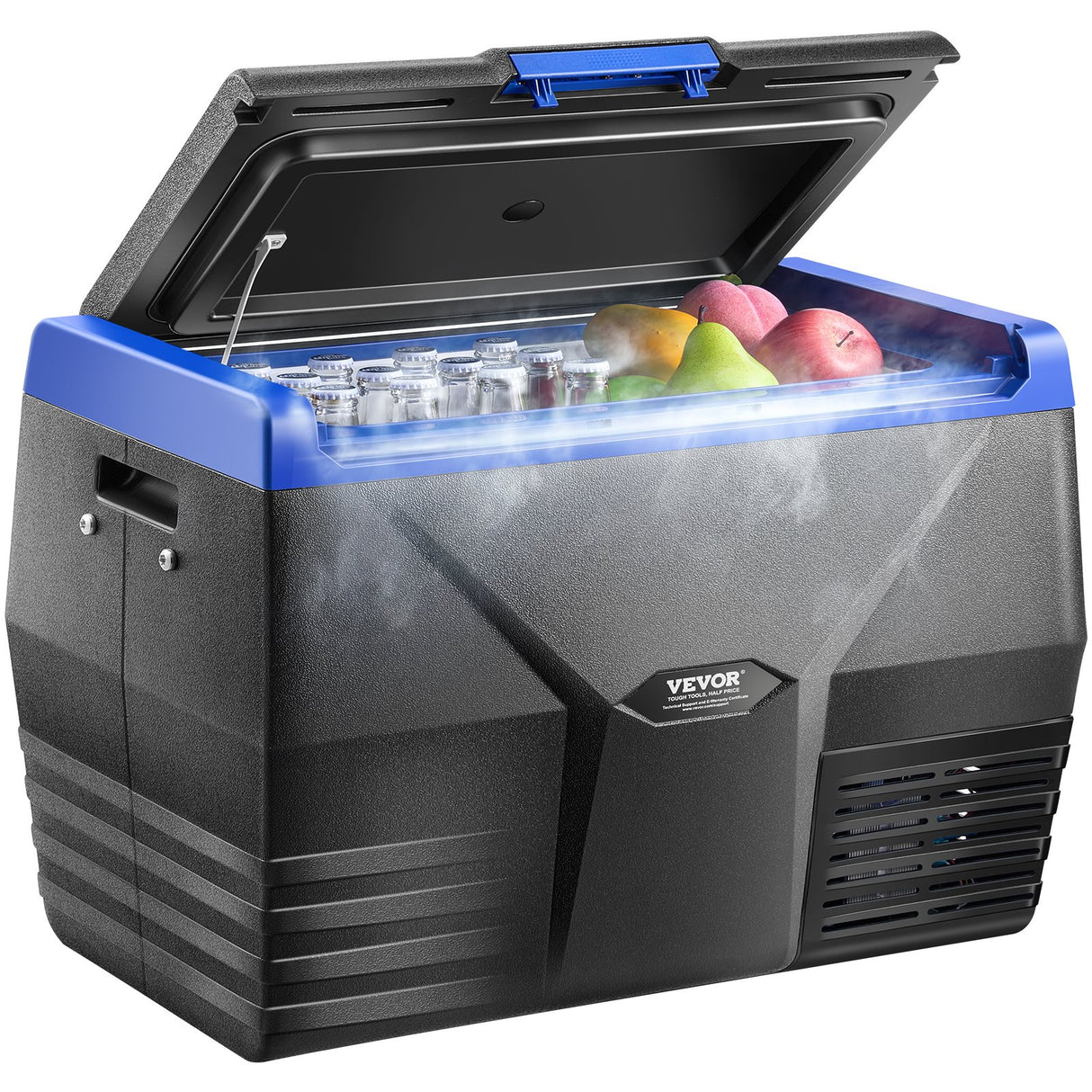 Portable 20 L car fridge freezer used outdoors on a camping trip