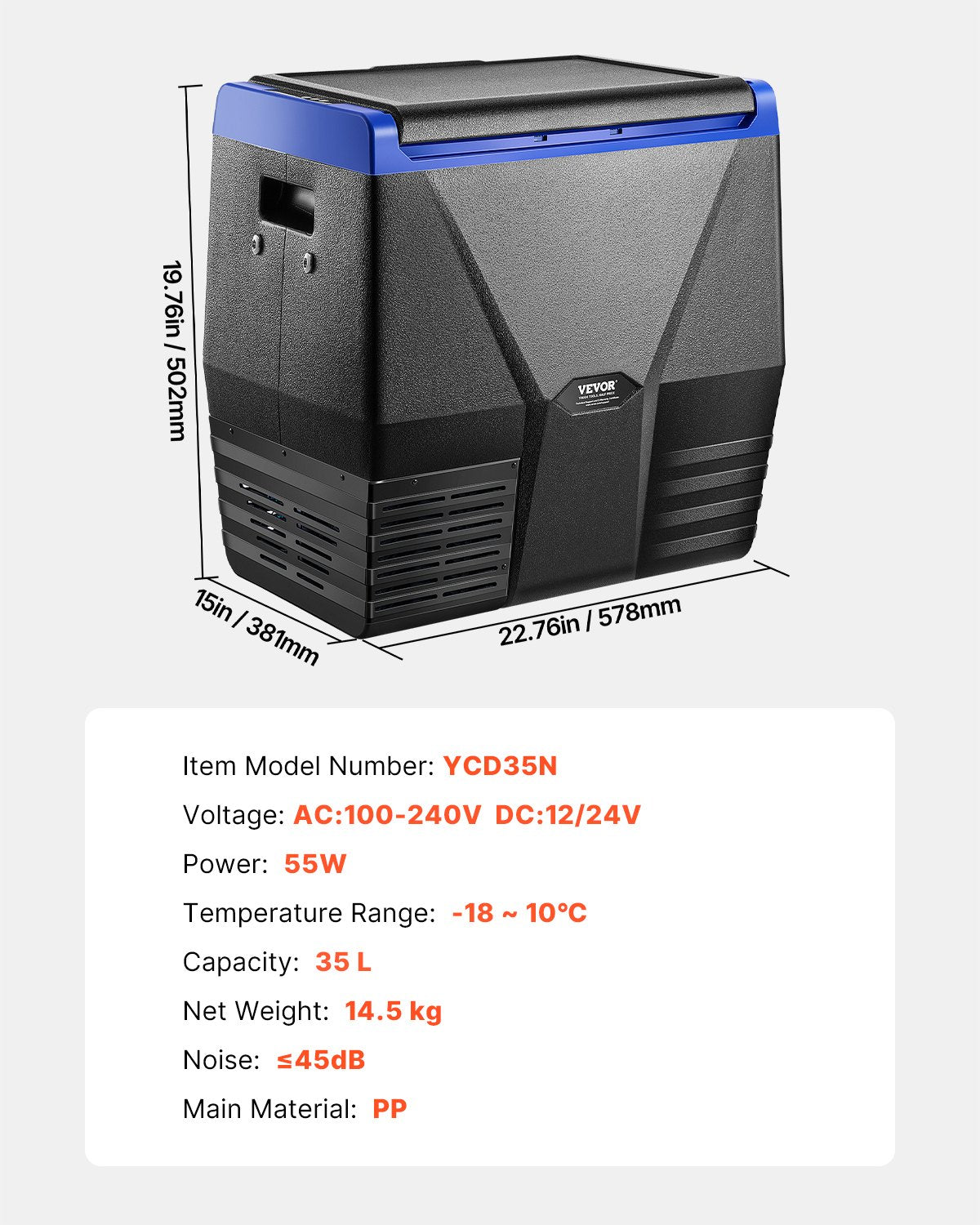 35 L car fridge freezer with 12V and 24V vehicle cord and AC power cord