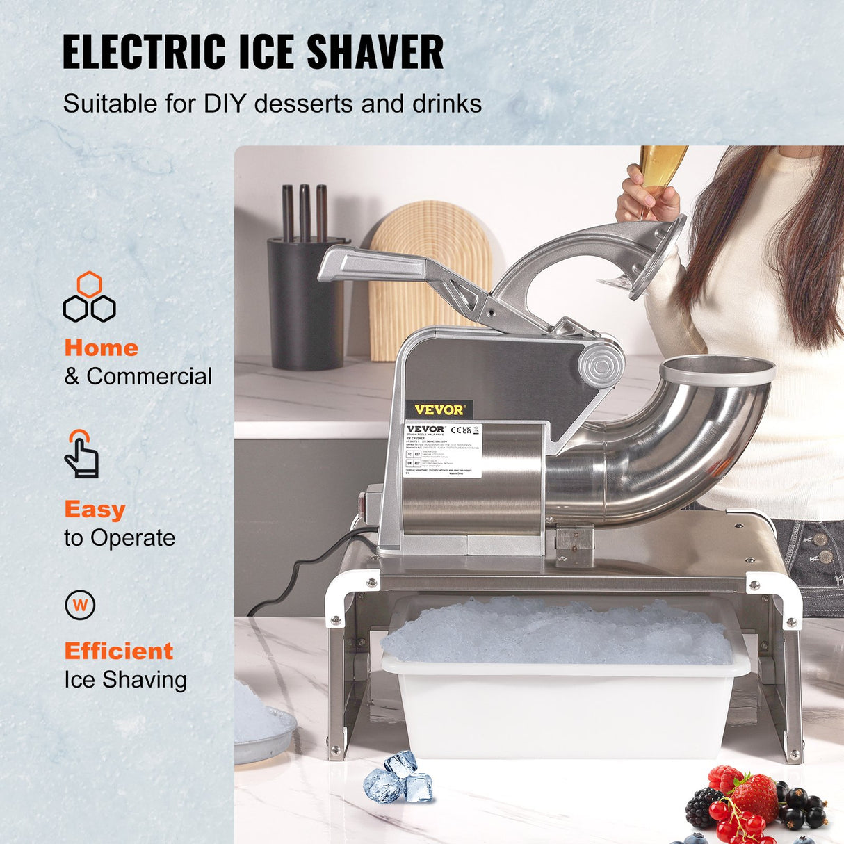 Front view of the 350 W ice crusher showing the single button switch