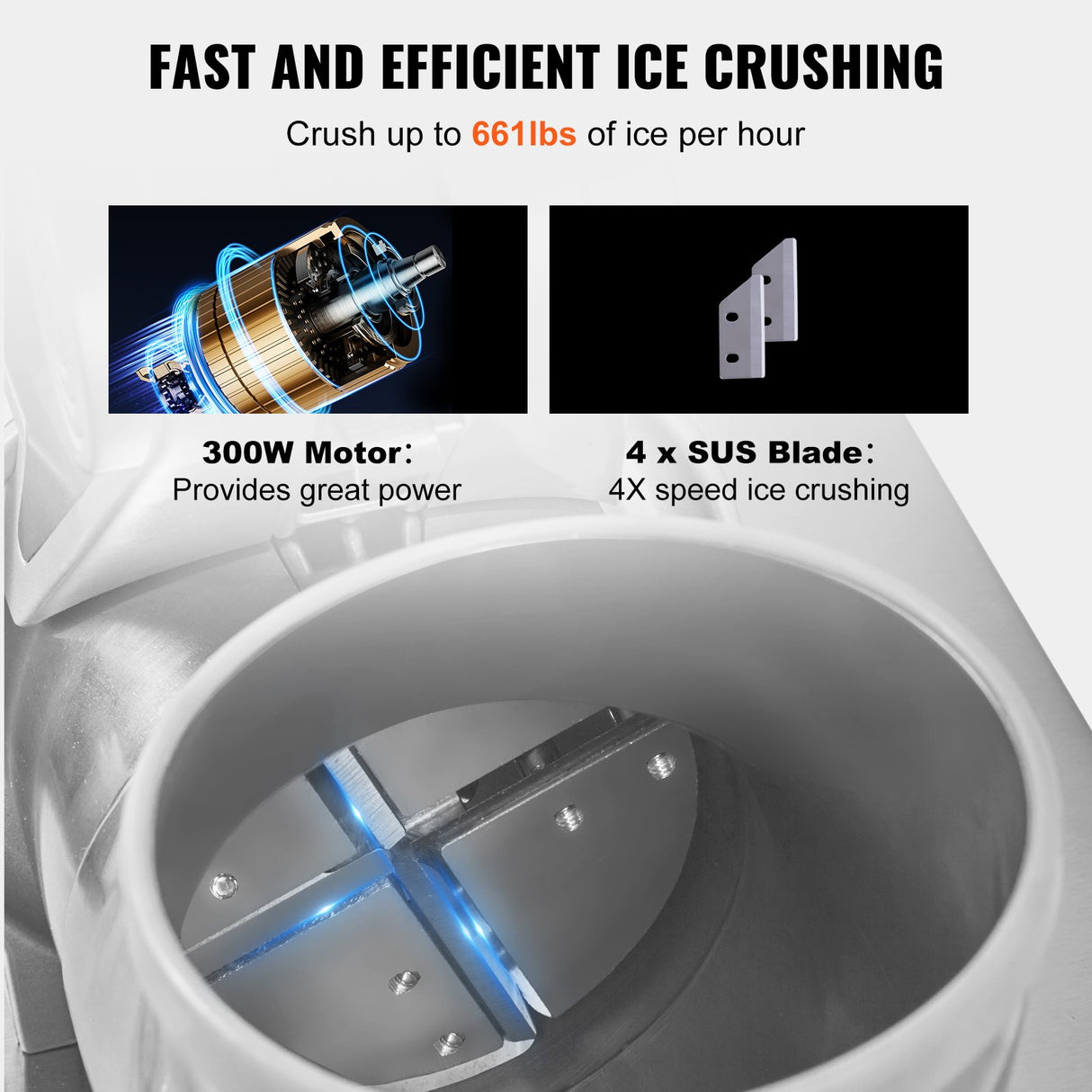 Stainless steel blade head inside the ice crushing chamber