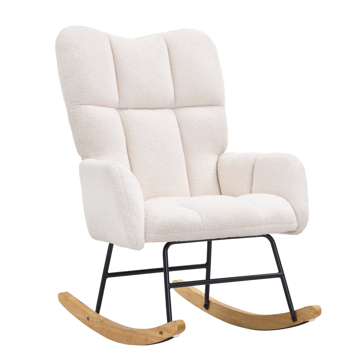 Nursery glider rocking chair upholstered in ivory white teddy fabric