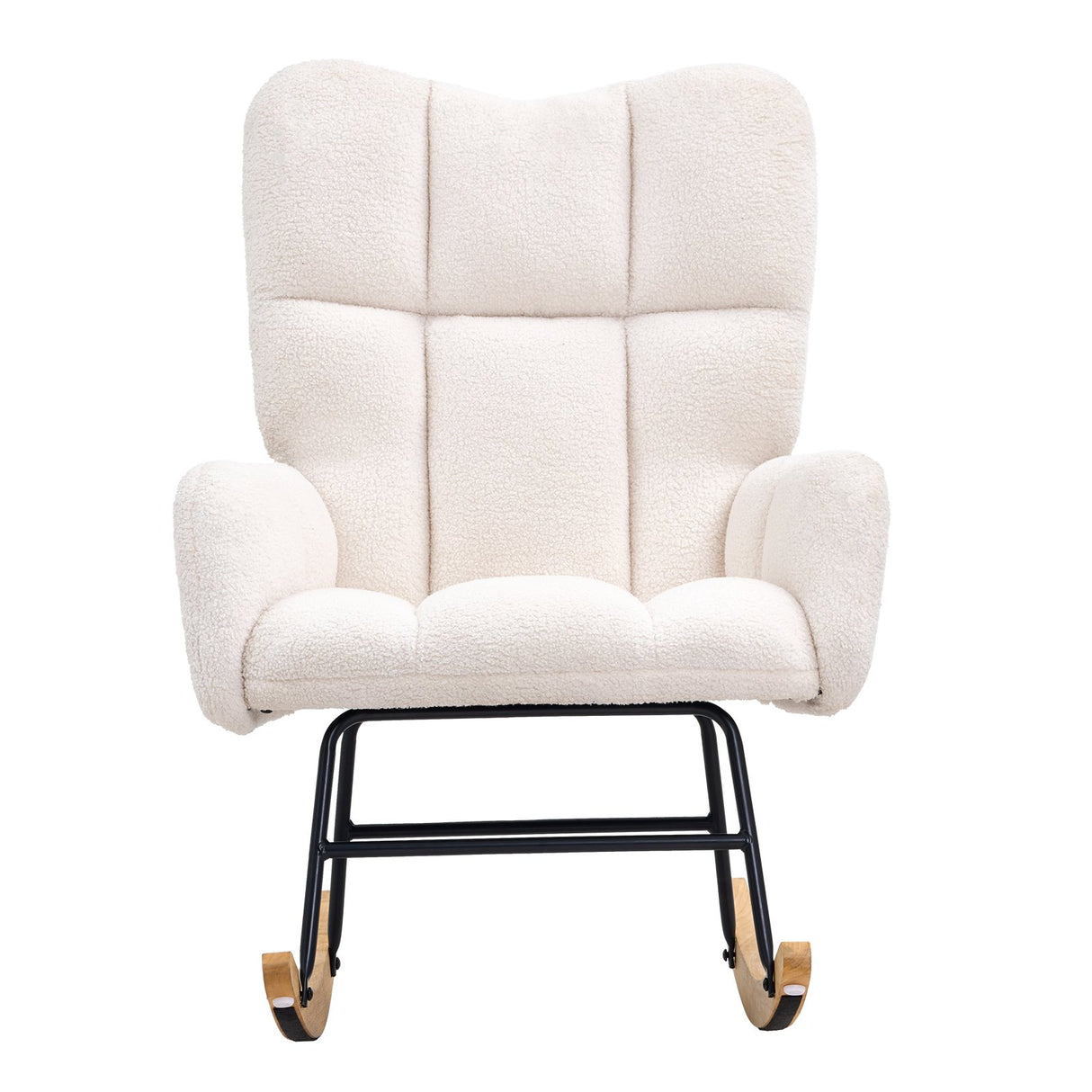Nursery glider rocking chair upholstered in ivory white teddy fabric