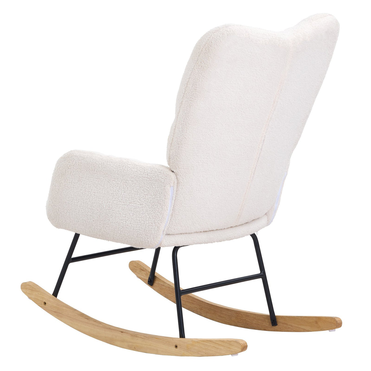 Nursery glider rocking chair upholstered in ivory white teddy fabric