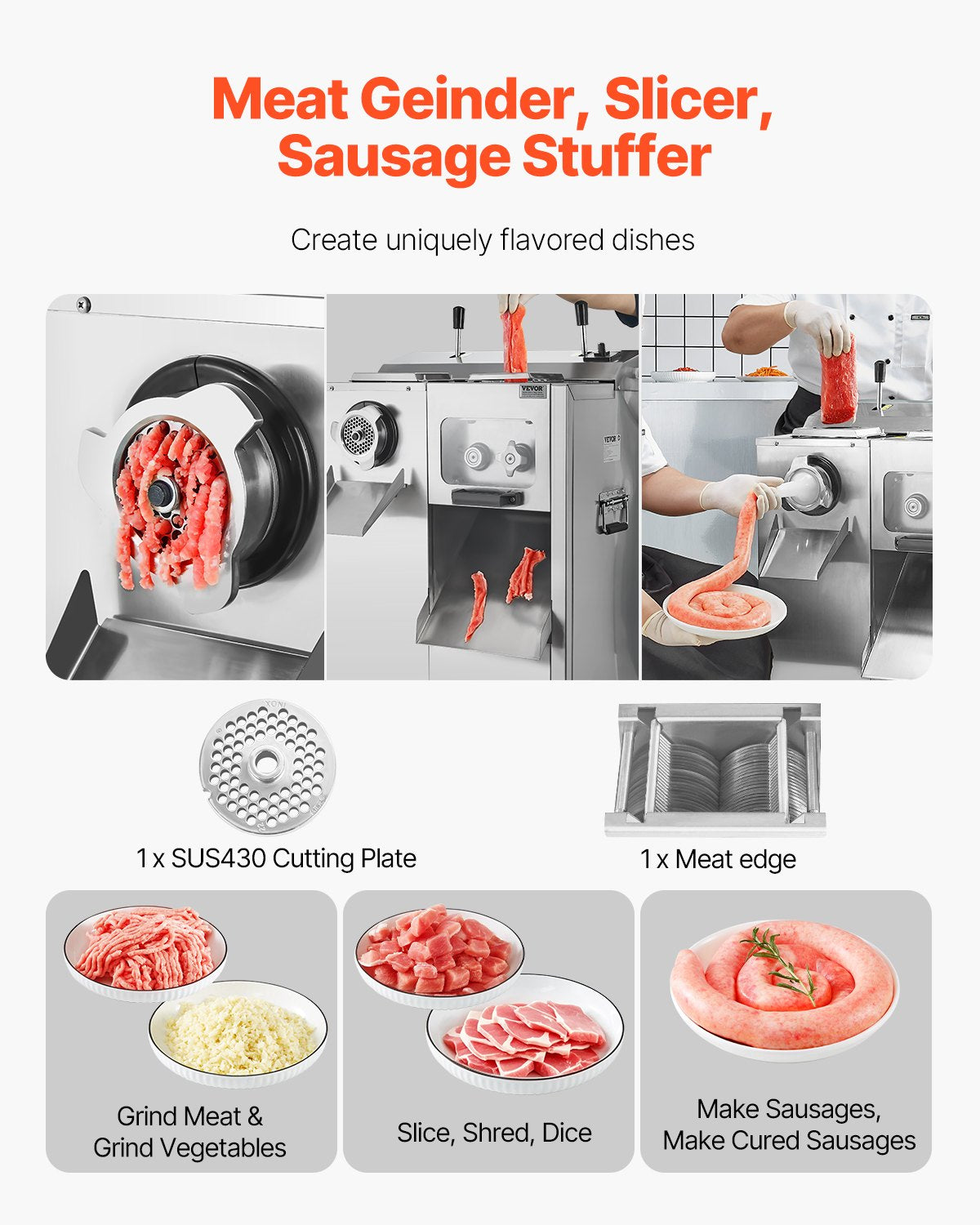 Front view of the three in one meat grinder, slicer and dicer