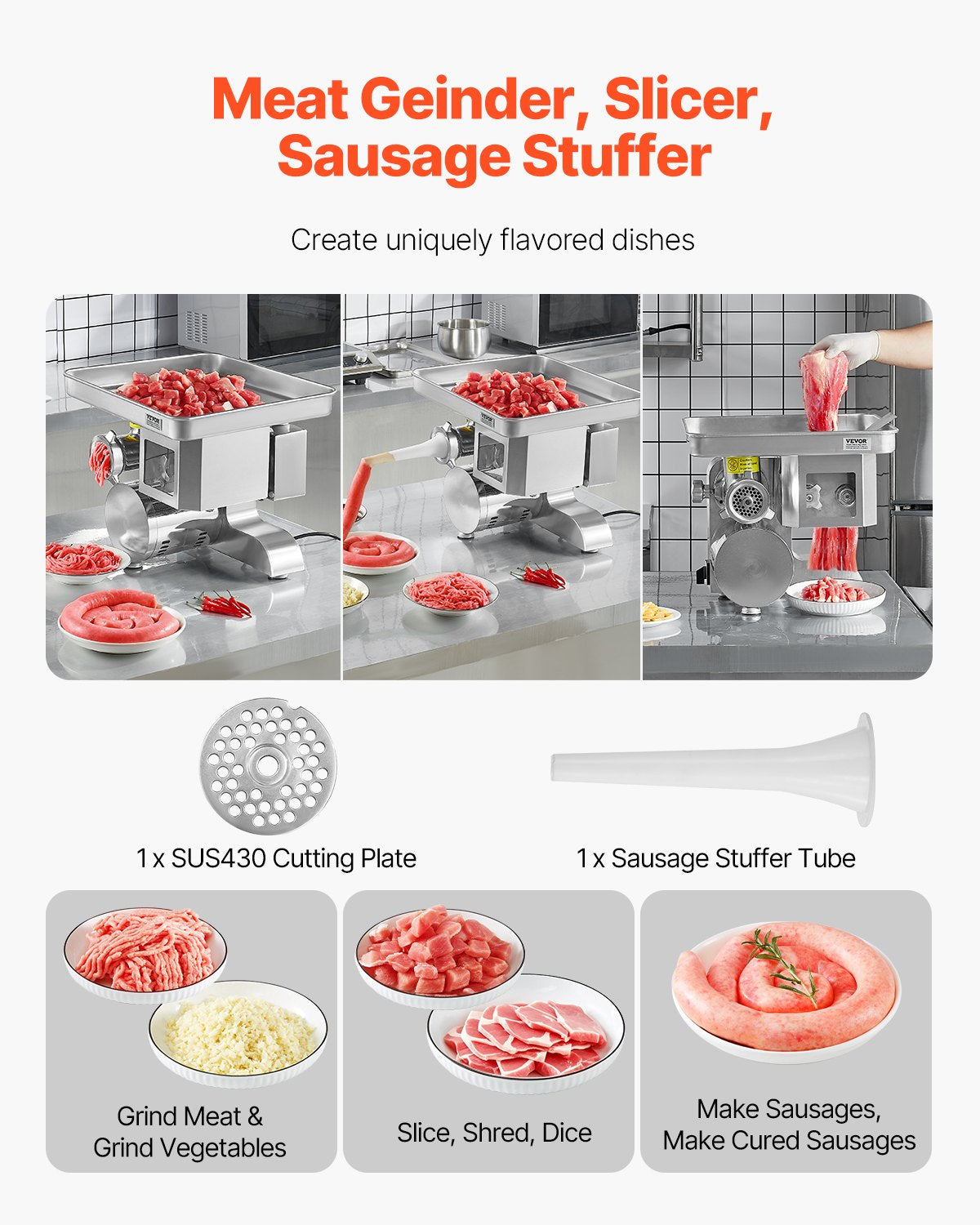 Front view of the three in one grinder, slicer and dicer with feed tray