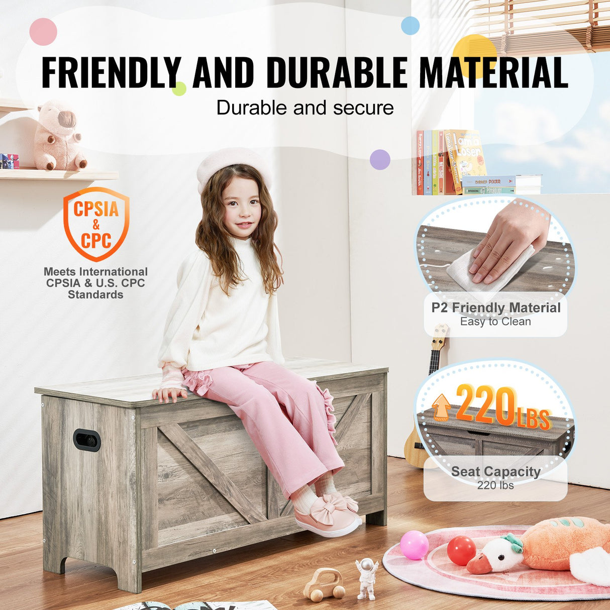 Gray wooden kids toy box storage bench chest - view 5