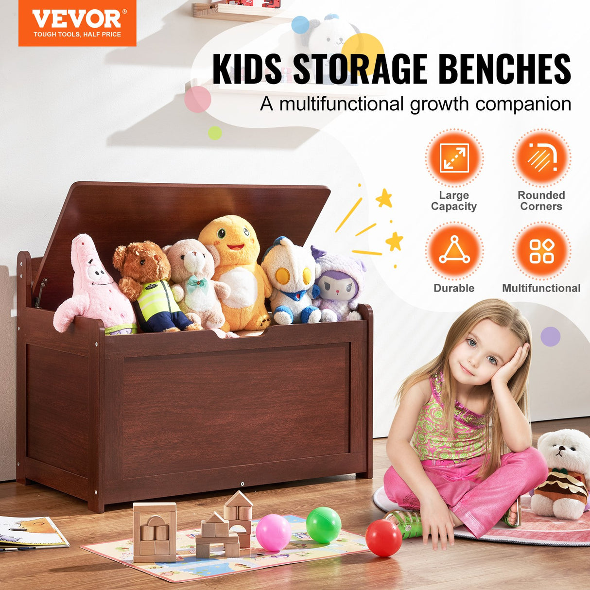 Cherry wooden kids toy box storage bench chest - view 2
