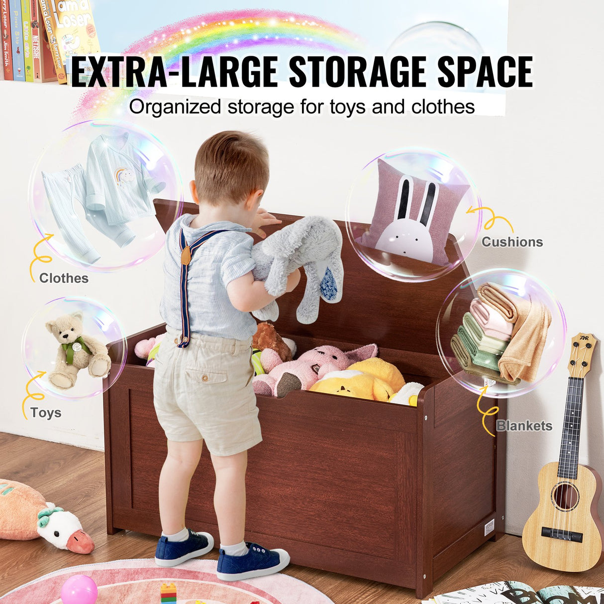 Cherry wooden kids toy box storage bench chest - view 3