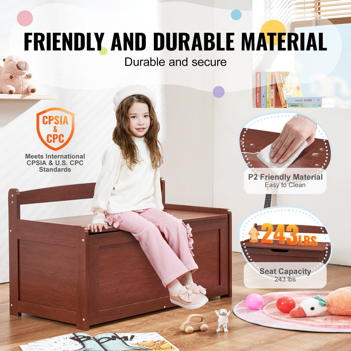 Cherry wooden kids toy box storage bench chest - view 5