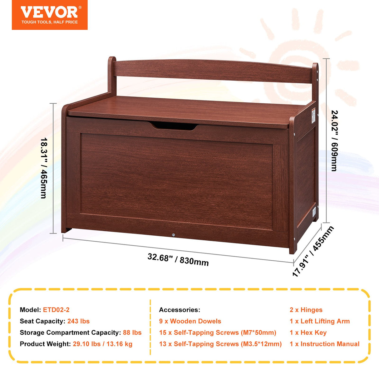 Cherry wooden kids toy box storage bench chest - view 7