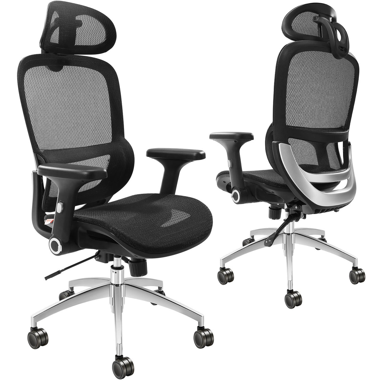 Wongan Hills mesh office chair with high back, lumbar and head support at a desk