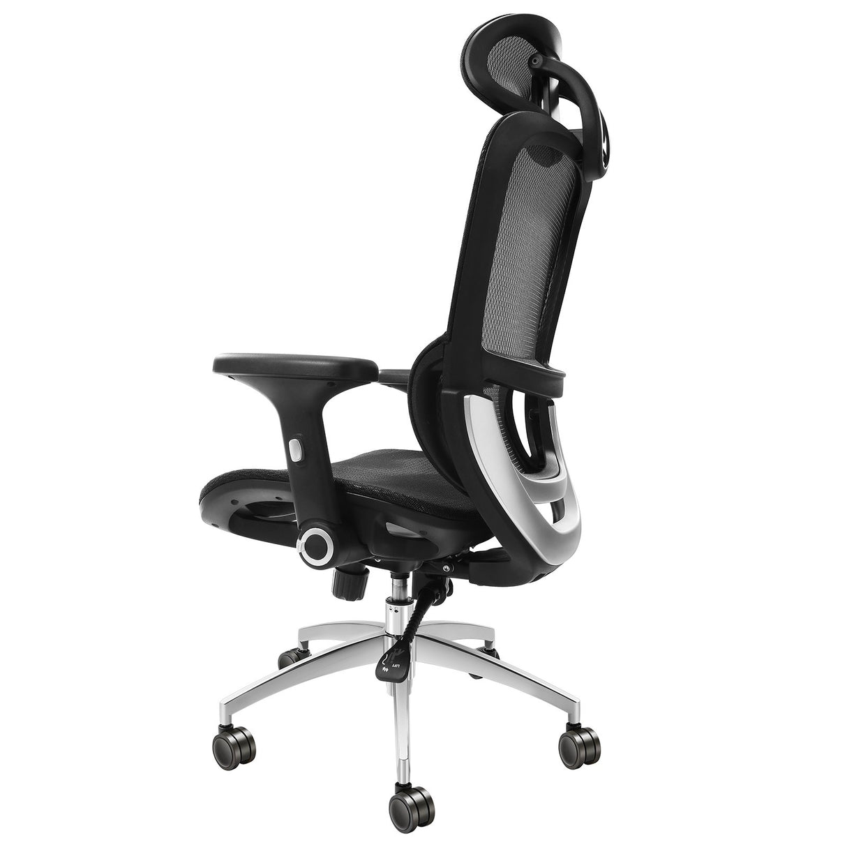 Wongan Hills mesh office chair with high back, lumbar and head support at a desk