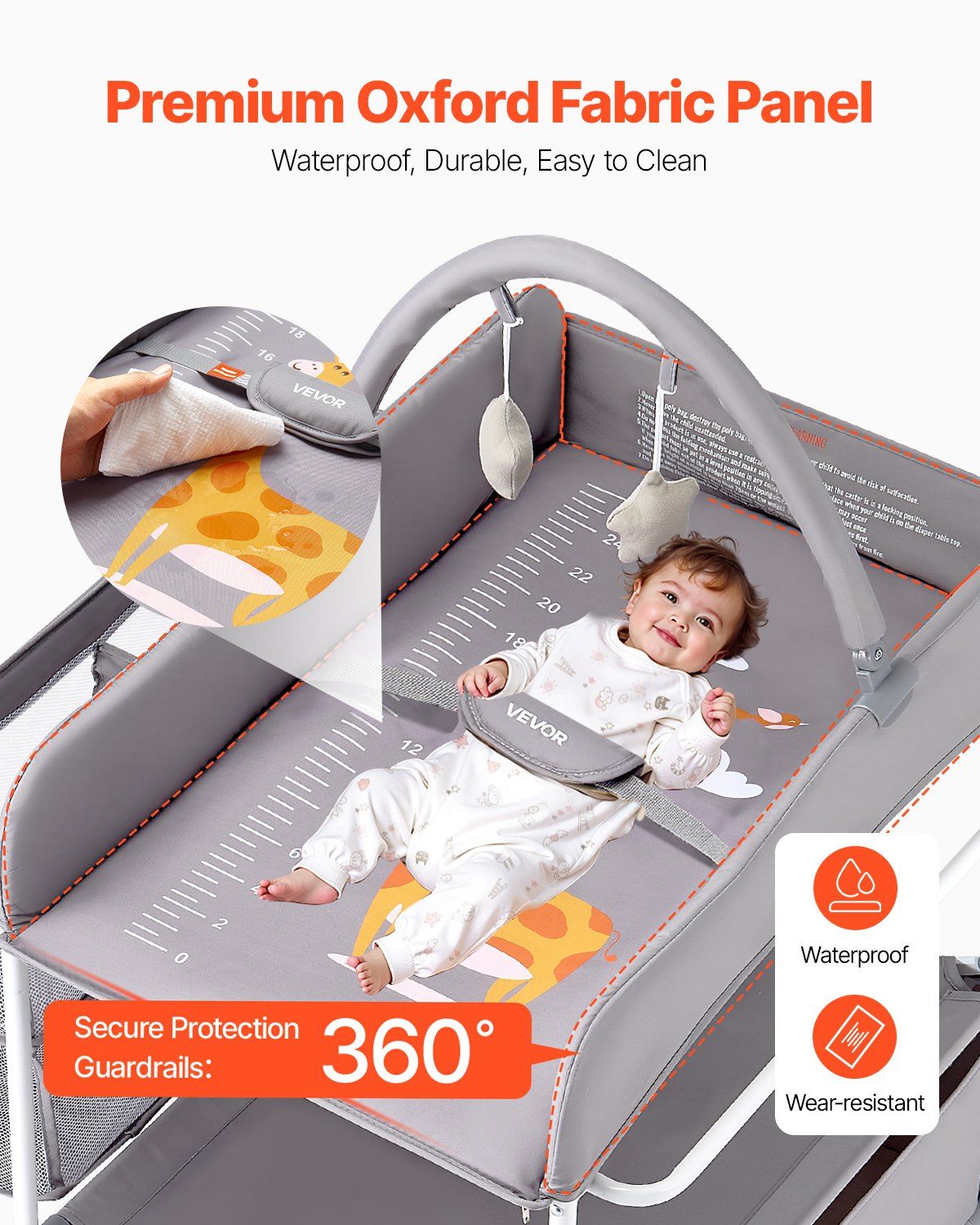 Baby Change Table with Storage Drawers and Wheels, Light Grey - view 5