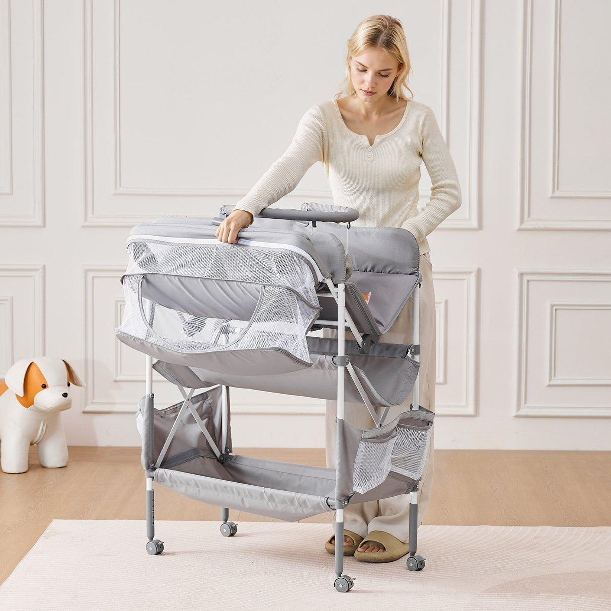 Baby Change Table with Storage Drawers and Wheels, Light Grey - view 8