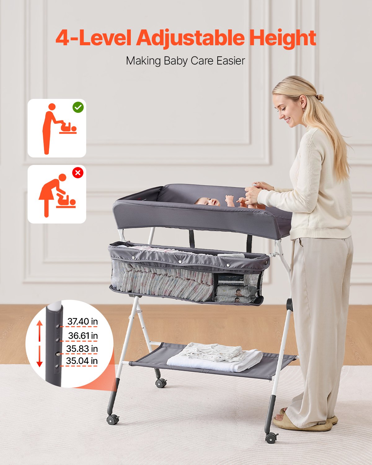 Baby Change Table with Storage and Wheels, Dark Grey - view 2
