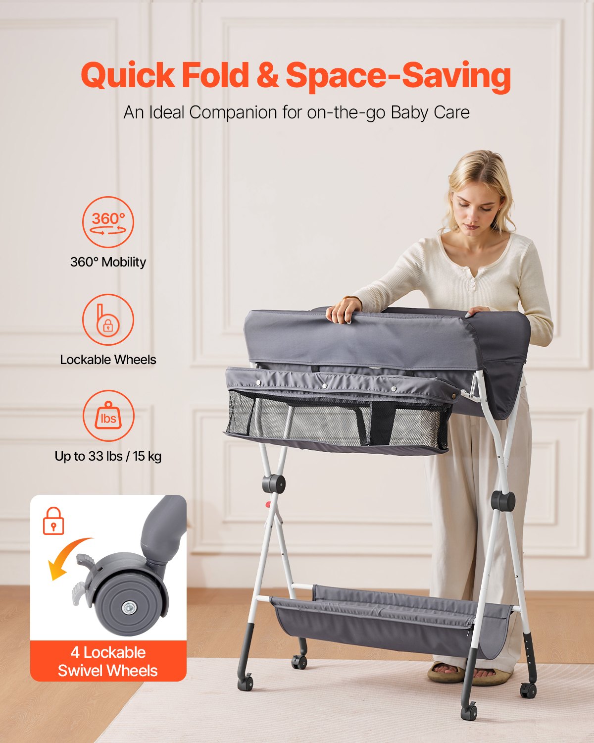 Baby Change Table with Storage and Wheels, Dark Grey - view 3