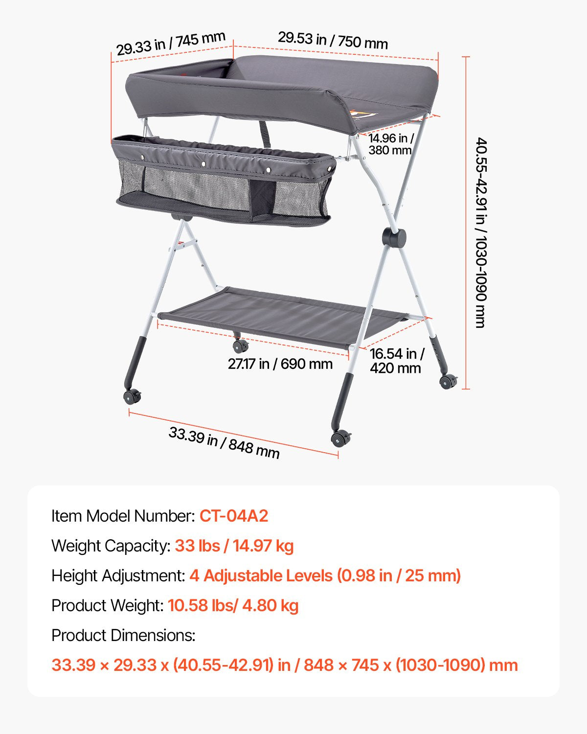Baby Change Table with Storage and Wheels, Dark Grey - view 7