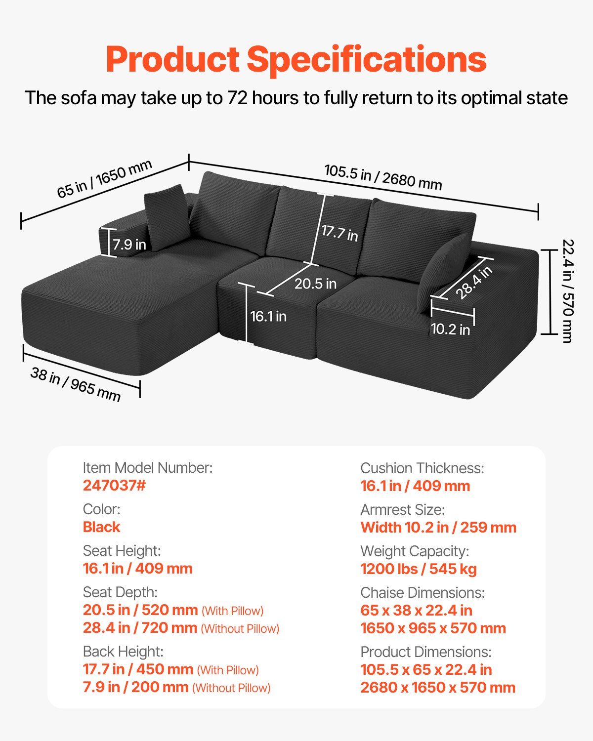 Portbou 4 Seater Modular Sofa, Black