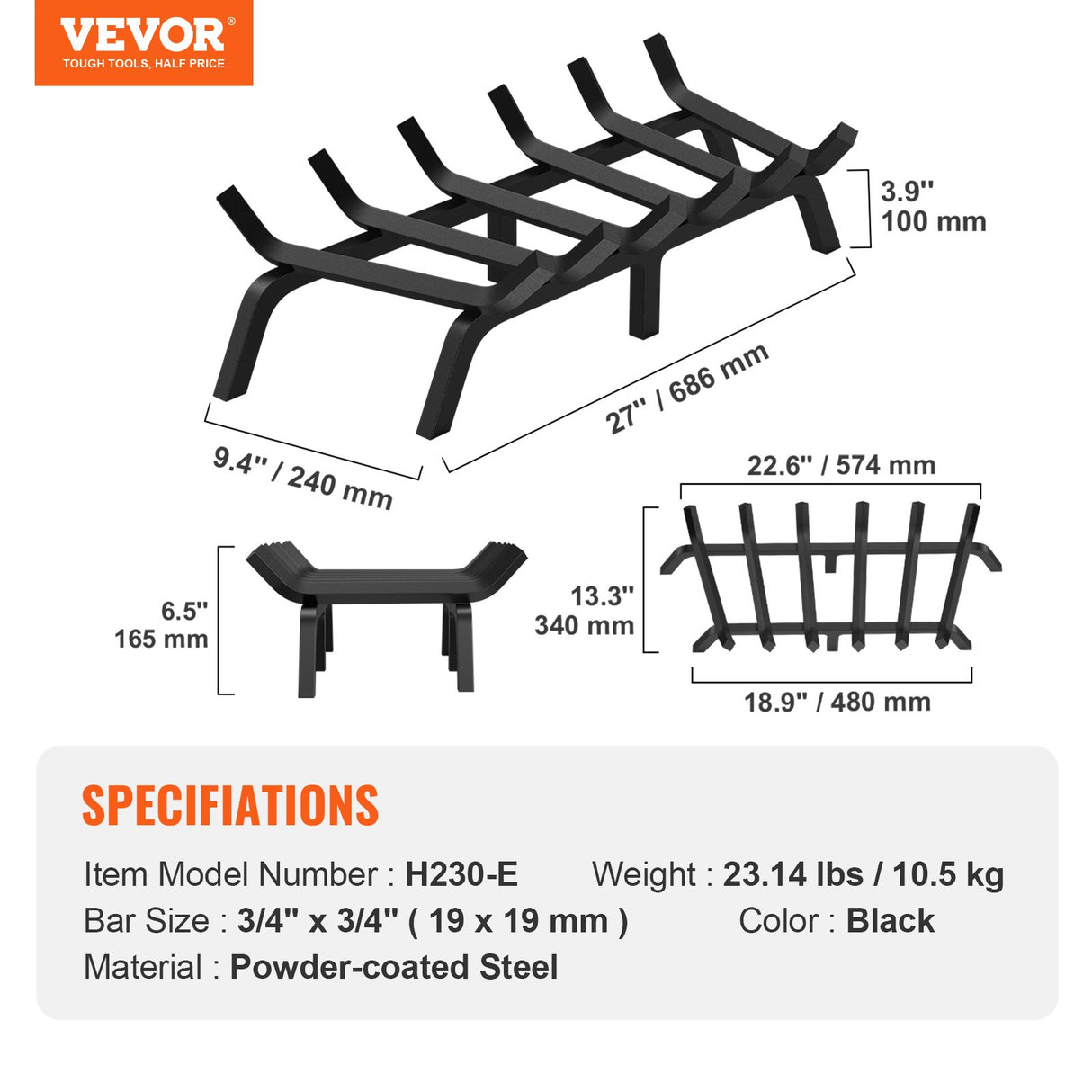 Goolwa Fireplace Log Grate, Heavy Duty Steel