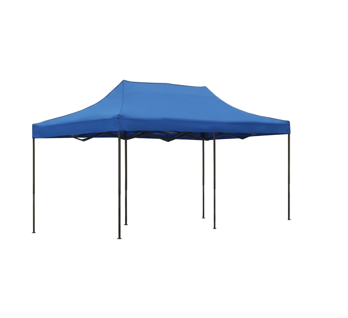 Blue 3 x 6 m portable gazebo with open sides set up outdoors, front view