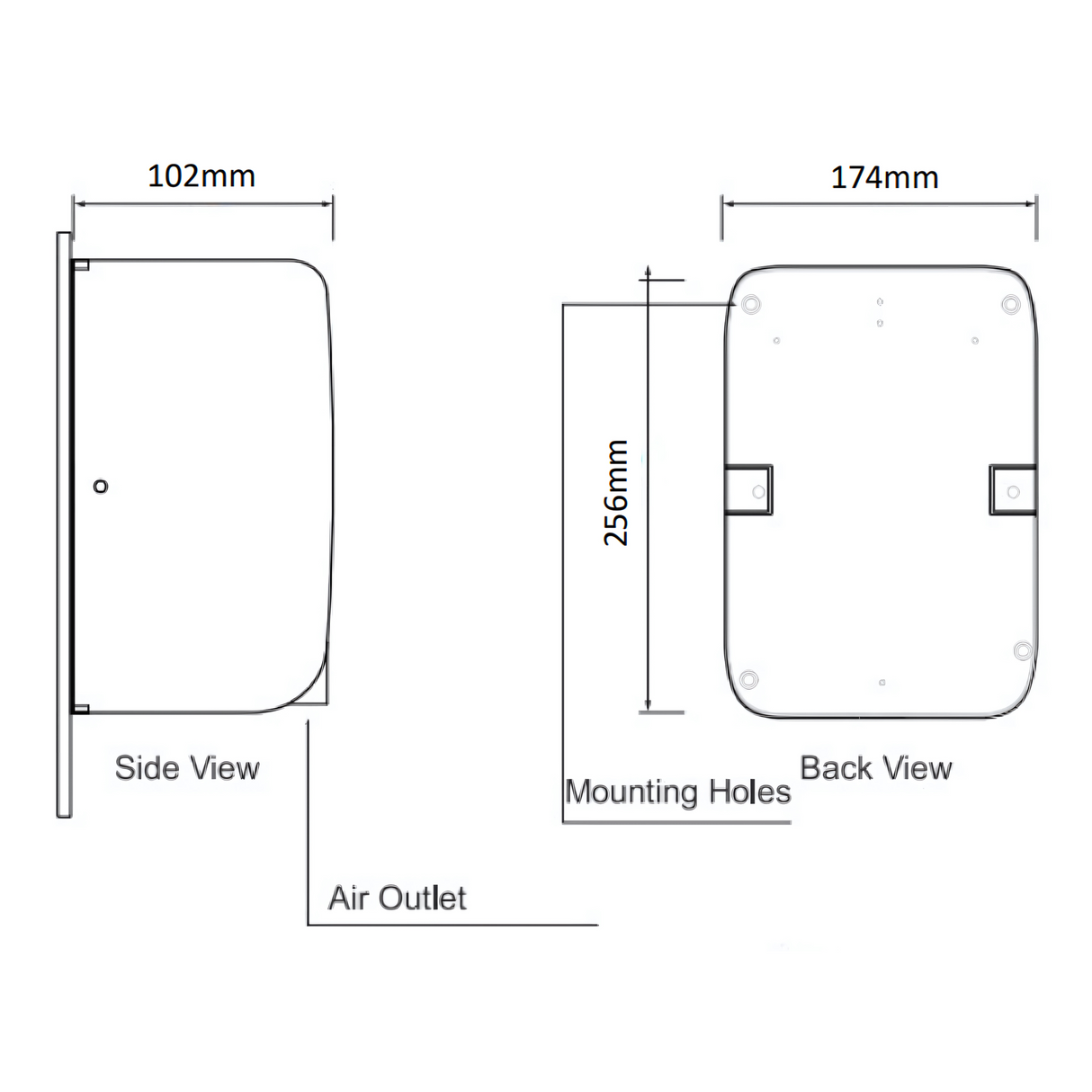 Infrared sensor and air outlet on the black compact hand dryer