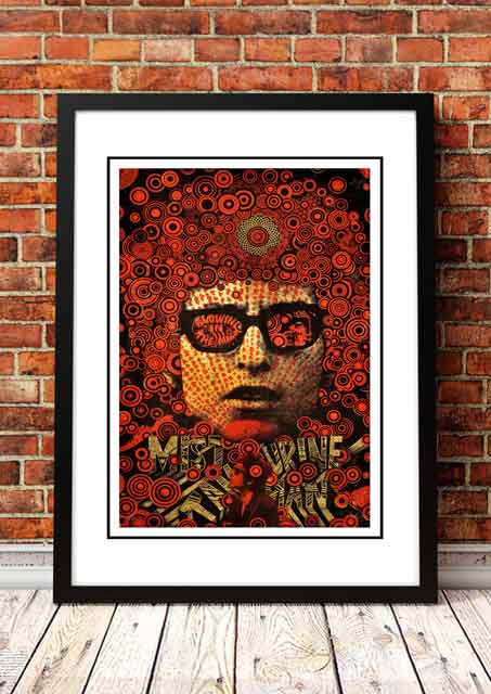 Framed A3 pop art print of Bob Dylan artwork themed on Mr Tambourine Man in bold retro colour
