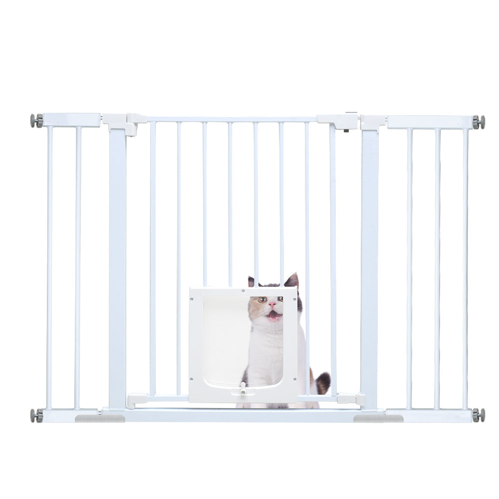 Baby safety gate with lockable pet door in white