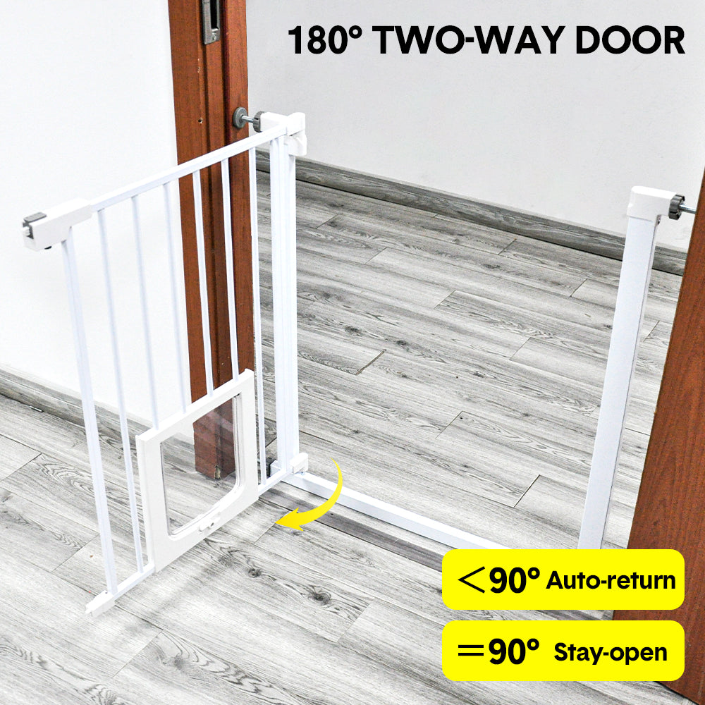 Baby safety gate with lockable pet door in white