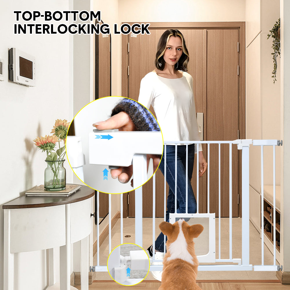Baby safety gate with lockable pet door in white