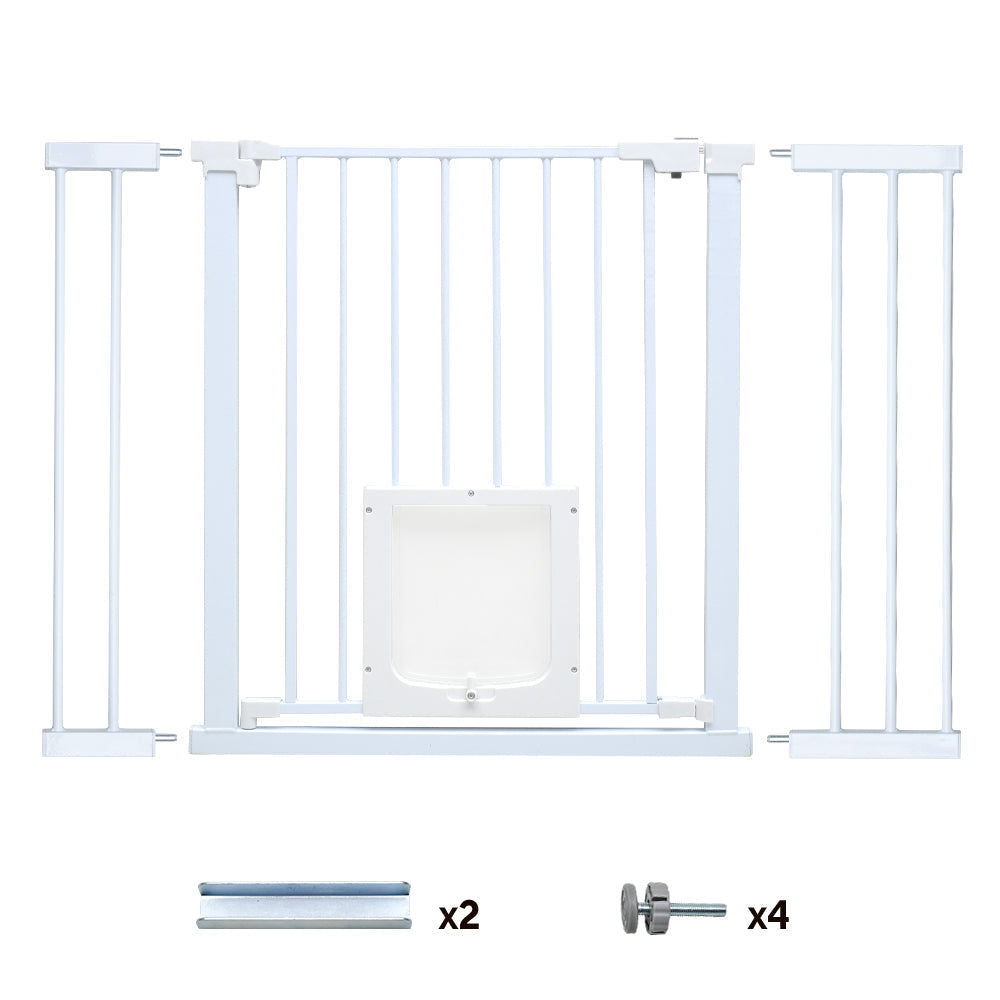 Baby safety gate with lockable pet door in white