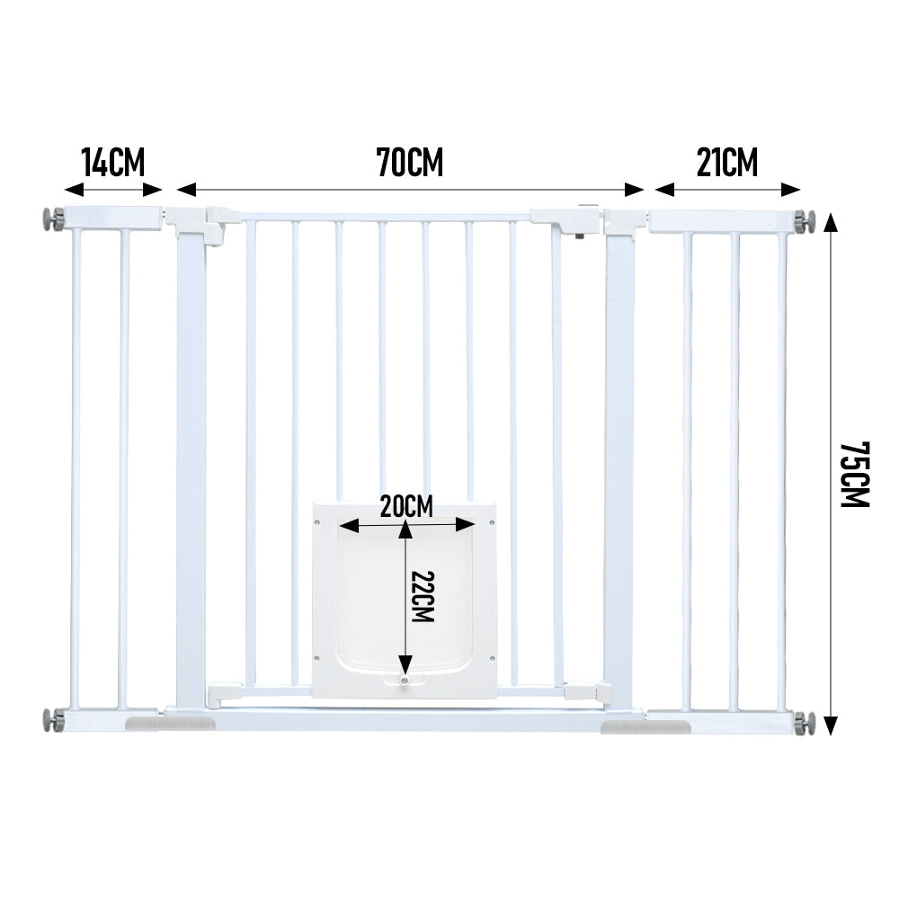 Baby safety gate with lockable pet door in white