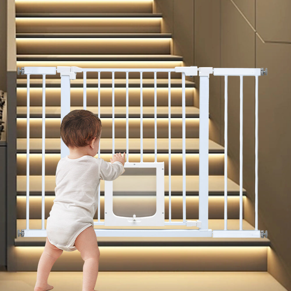 Baby safety gate with lockable pet door in white