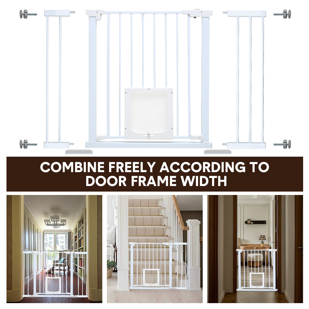 Baby safety gate with lockable pet door in white