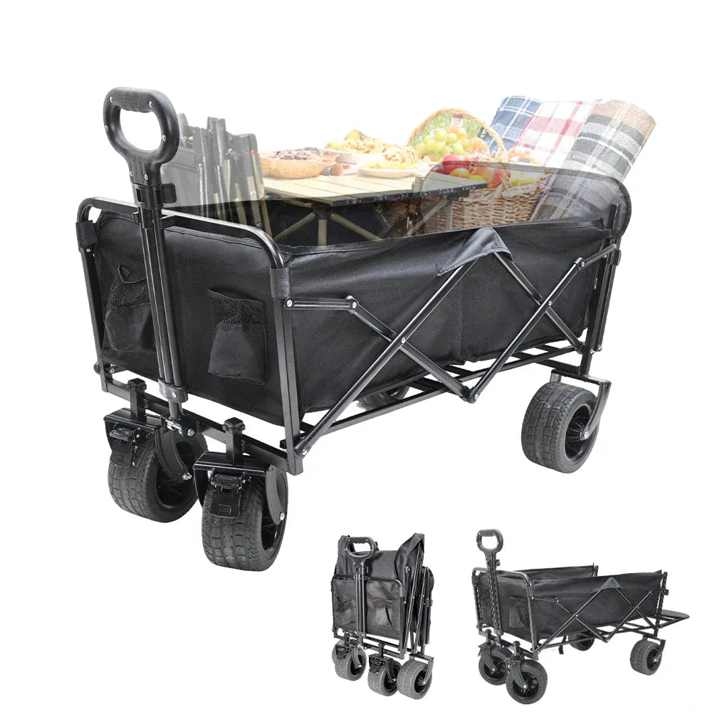 Folding camp wagon with 150 litre capacity and all terrain wheels loaded with gear