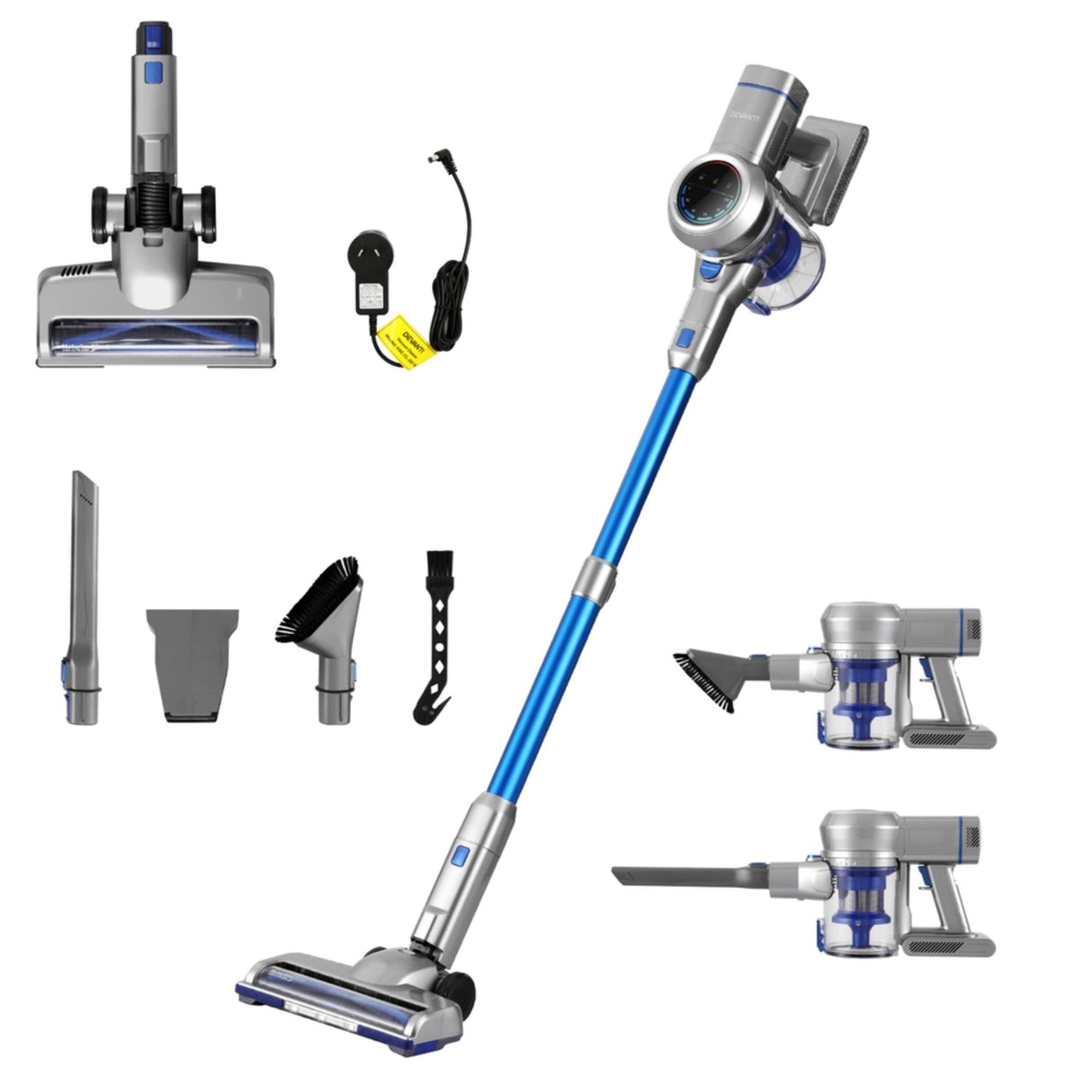 Blue cordless stick vacuum with LED headlights and floor brush
