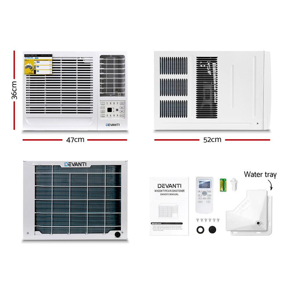 Front view of white window air conditioner showing air vents and auto swing louvres