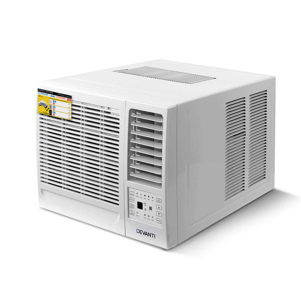 White 2.7 kW reverse cycle window air conditioner with LED control panel and remote
