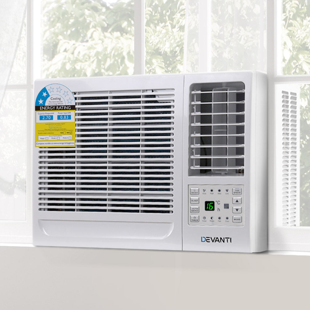 Window air conditioner installed in a window opening in a living room