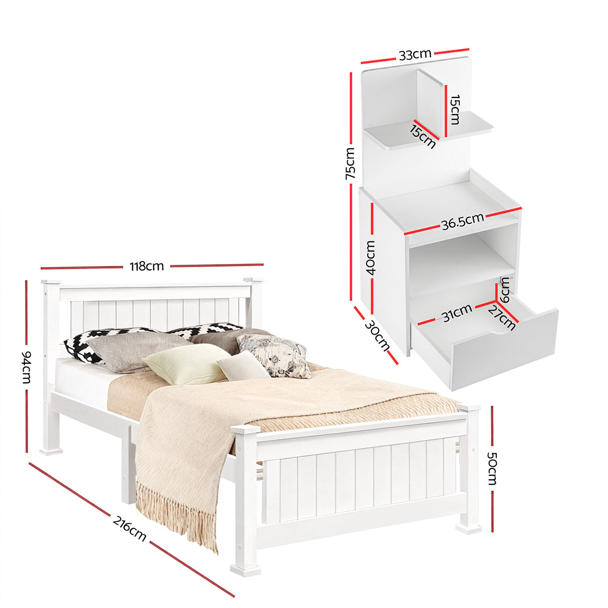 Bexley King Single Bed with Bedside, White, view 2