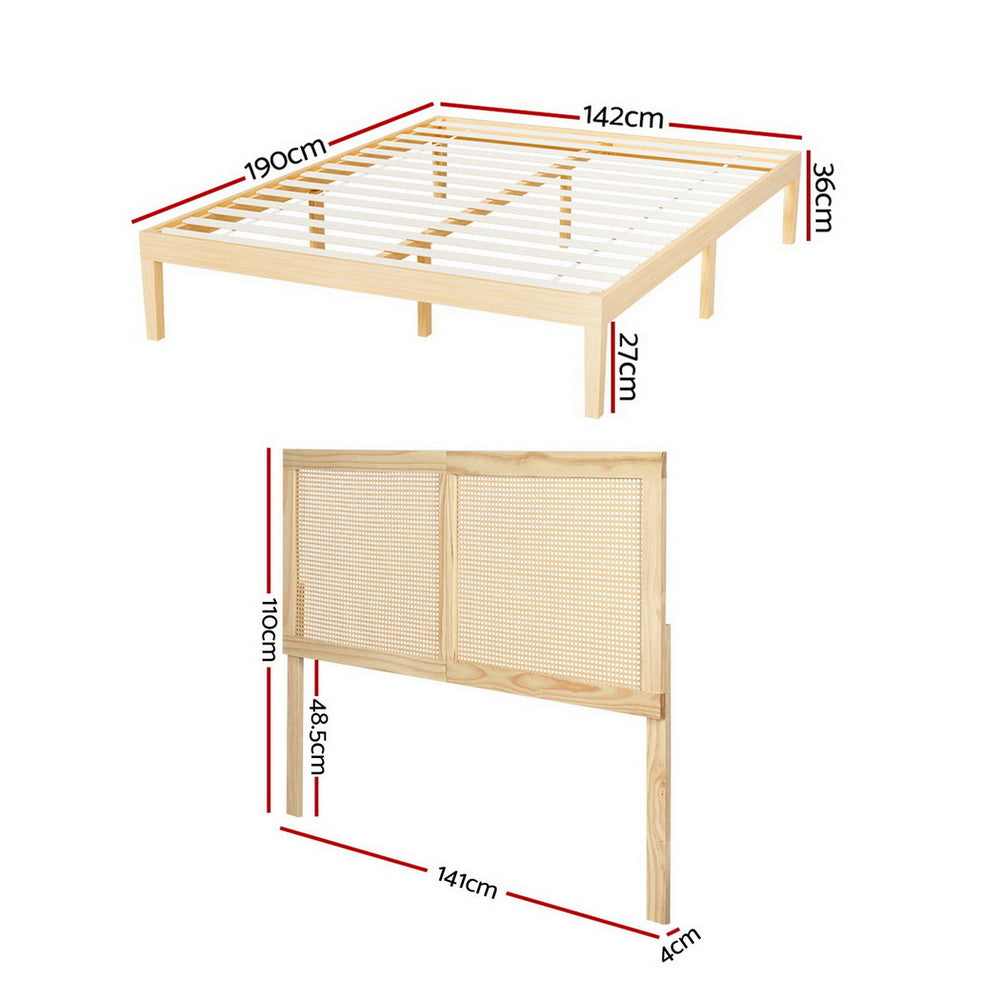 Artiss BRUNO double pine rattan bed frame side profile — Allure Home Collections