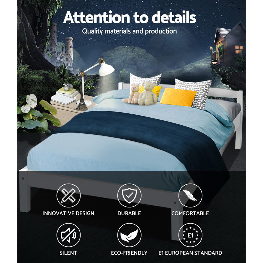 Artiss LEXI double white pine bed frame side profile showing 23cm clearance — Allure Home Collections