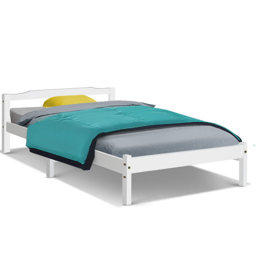 Artiss LEXI white single solid pine bed frame showing timber slat base — Allure Home Collections