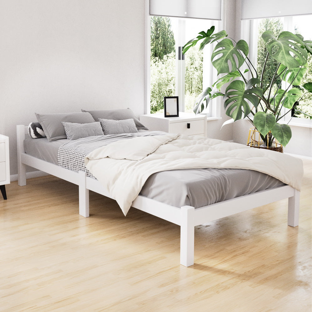 Artiss LEXI single solid pine bed frame in white — full front view — Allure Home Collections