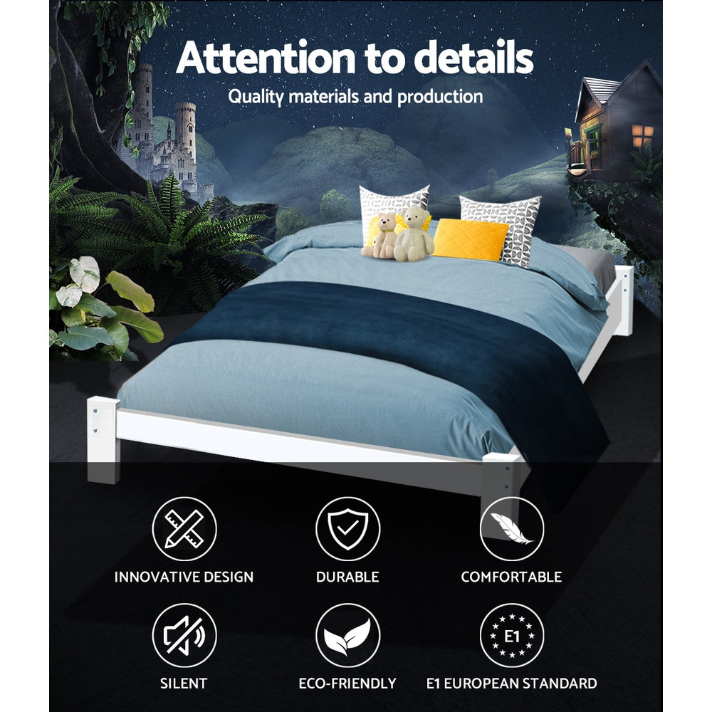 Artiss JADE queen white pine bed frame side profile showing 30cm low profile — Allure Home Collections